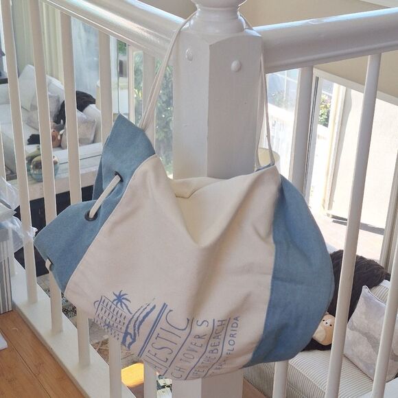 Drawstring Backpack NWOT Canvas Beach Bag Blue Cream GREAT BUNDLE ITEM Travel - Picture 9 of 13